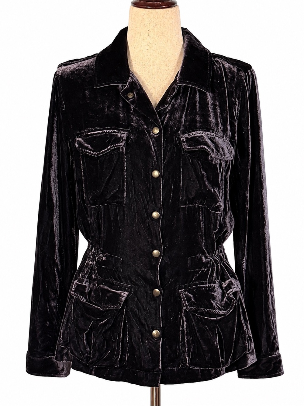 Gold Hawk crushed Velvet deep purple snap-Front cinch jacket shirt - M